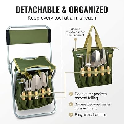 10-piece Gardening Tool Set with Zippered Detachable Tote and Folding Stool Seat with Backrest — view 4