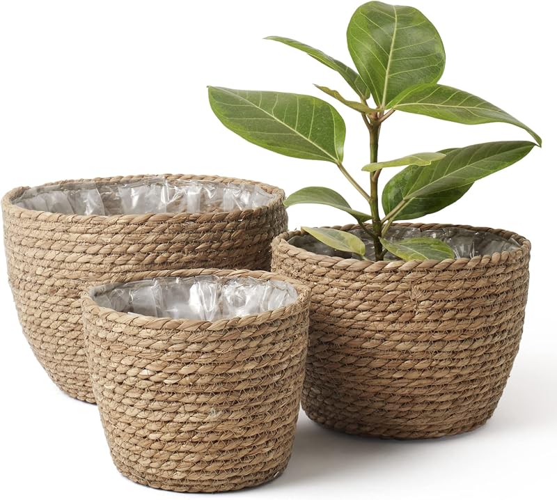 LA JOLIE MUSE Seagrass Basket Planters for Indoor Plants, Flower Pot 3 Pack