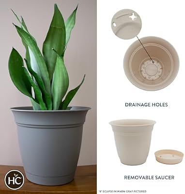 The HC Companies Eclipse Round Planter with Saucer - Outdoor & Indoor Plant Pot with Drainage Holes - Lightwe… — view 3