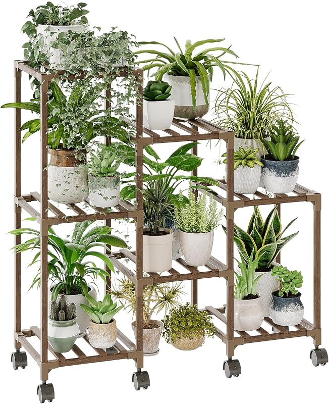 Bamworld Plant Stand with Wheels for Indoor Plants Wood Outdoor Tiered Shelf 3 Tire 7 Potted Ladder Plant Hol…