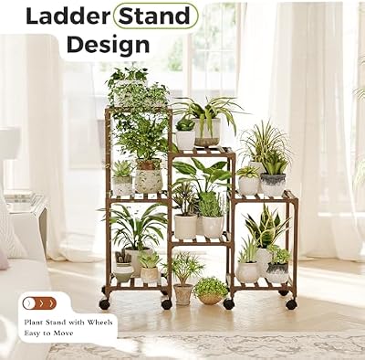 Bamworld Plant Stand with Wheels for Indoor Plants Wood Outdoor Tiered Shelf 3 Tire 7 Potted Ladder Plant Hol… — view 3