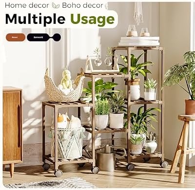 Bamworld Plant Stand with Wheels for Indoor Plants Wood Outdoor Tiered Shelf 3 Tire 7 Potted Ladder Plant Hol… — view 4