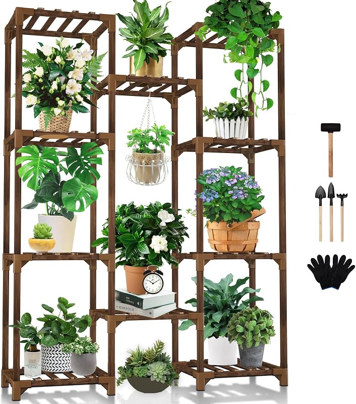 Uneedem Plant Stand Indoor Outdoor, 10 Tiered Plant Shelf Wood Plant Rack