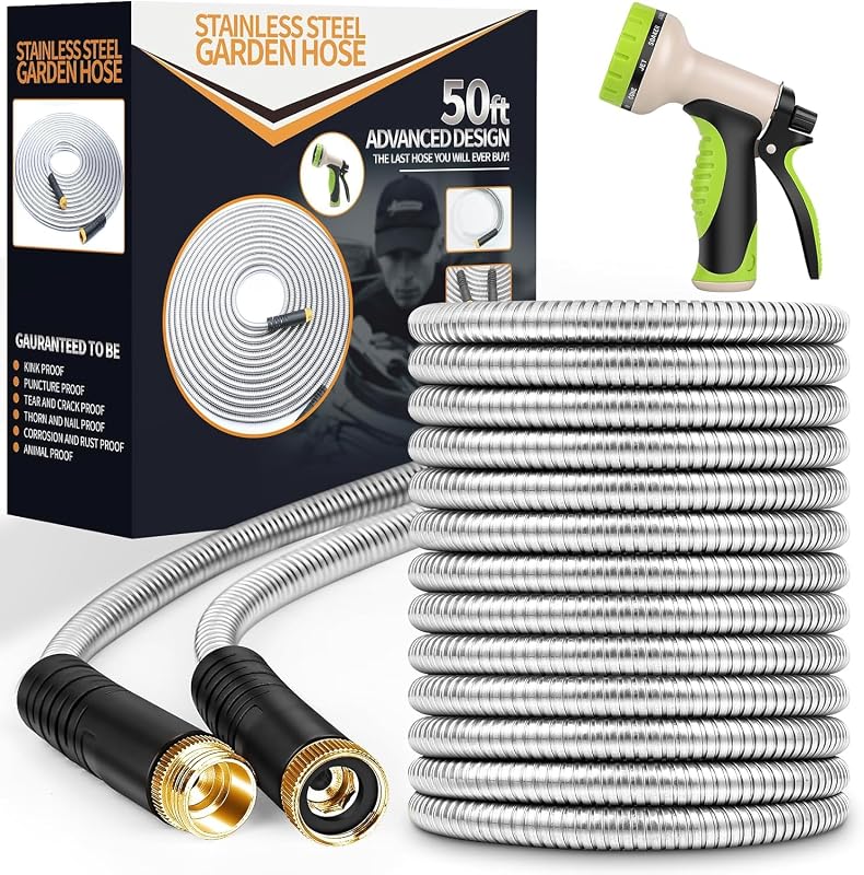 Unywarse Garden Hose 50FT Metal Water Hose with 10 Function Nozzle No-Kink