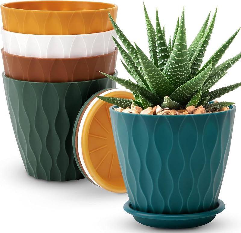YNNICO 6 inch Plant Pots for Indoor with Drainage Holes and Tray Saucers