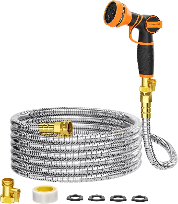 Giraffe Tools Garden Hose 50ft x 5/8", 304 Stainless Steel Metal Water Hose