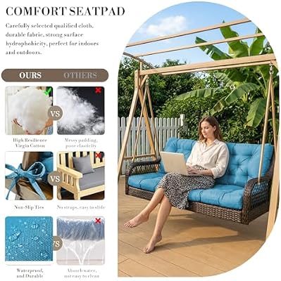 Outdoor/Indoor Swing Replacement Cushion, 2 or 3 Seats Bench Cushions with Backrest, Thicken 4" Recliner Seat… — view 3