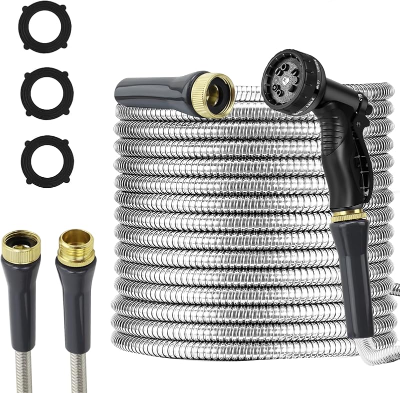 Stainless Steel Garden Hose 50ft Heavy Duty Metal Water Hoses with 10 Function Water Hose Nozzles for Yard Ou…