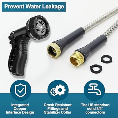 Stainless Steel Garden Hose 50ft Heavy Duty Metal Water Hoses with 10 Function Water Hose Nozzles for Yard Ou… — view 3