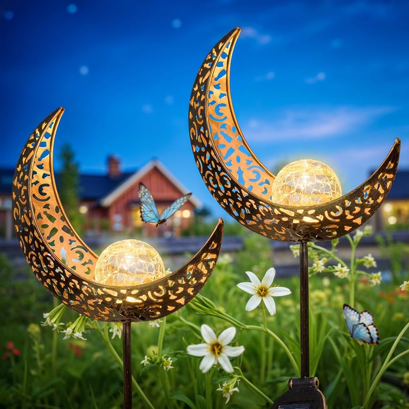 2Pack Moon Garden Gifts Solar Lights Outdoor Stakes Waterproof, Gifts for Mom, Crackle Glass Backyard Decor B…