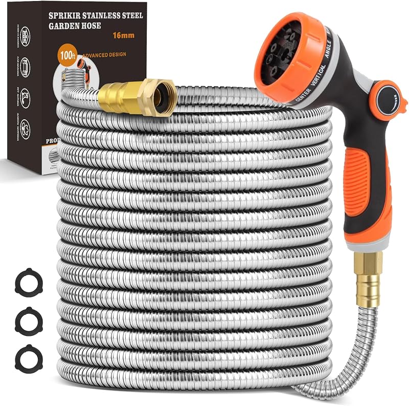 Metal Garden Hose 100 ft, Stainless Steel Water Hose 100ft with 10 Function Nozzle & 3/4 Copper Fitting, Heav…
