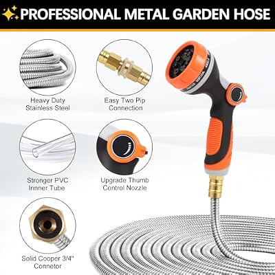 Metal Garden Hose 100 ft, Stainless Steel Water Hose 100ft with 10 Function Nozzle & 3/4 Copper Fitting, Heav… — view 4