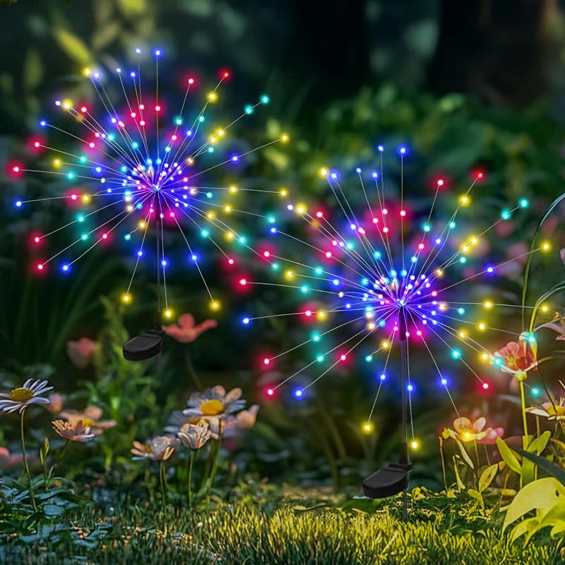PEVOROS Solar Firework Fairy Garden Lights Outdoor, Colorful, 2 Pack