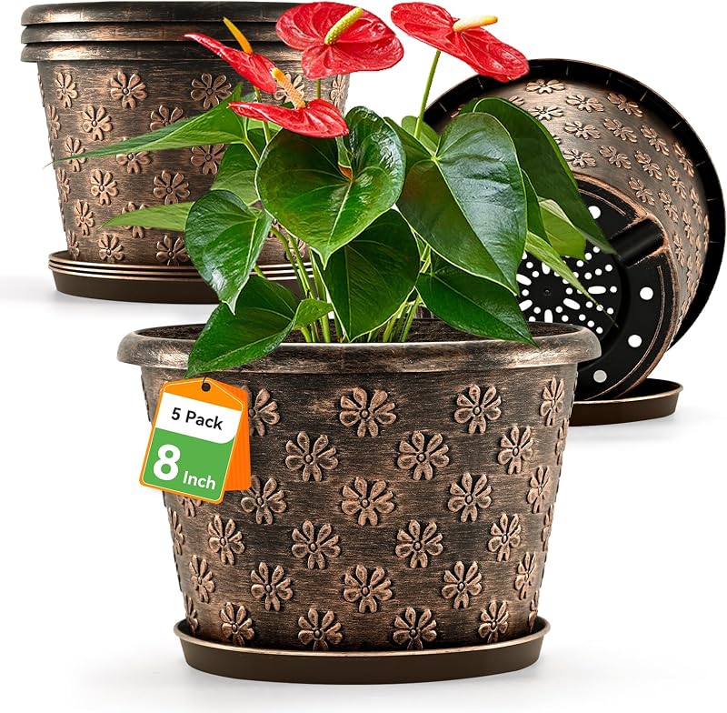 8 Inch Planter Pots for Plants, Plastic Flower Pots Indoor Outdoor, 5 Pack Resin Plant Pot with Drainage & Sa…