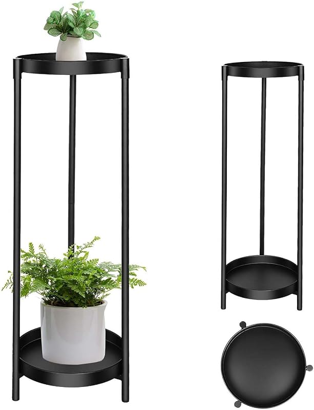 Plant Stand Indoor Outdoor, 24 Inch 2 Tier Metal Plant Stand, Black
