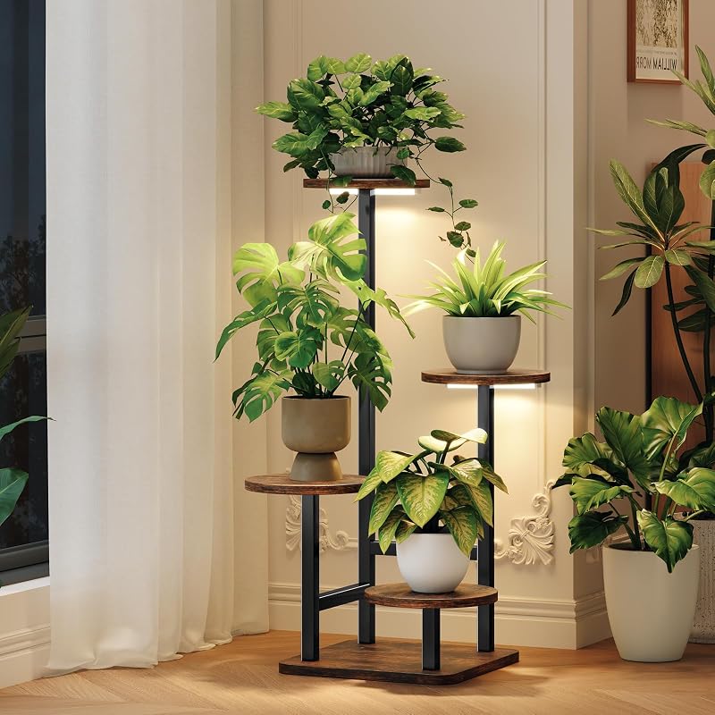 Homsorout Plant Stand Indoor with Grow Light,4-Tiered Tall Plant Stand Indoor, Metal Plant Shelf with Adjusta…