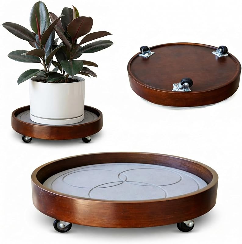 Plant Caddy with Wheels Indoor – Bamboo Rolling Plant Stand with Absorbent Stone, No Water Stains, 360° Wheel…