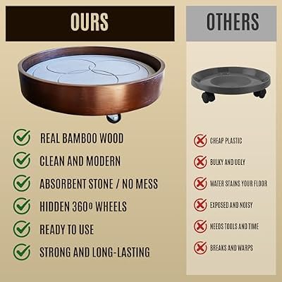 Plant Caddy with Wheels Indoor – Bamboo Rolling Plant Stand with Absorbent Stone, No Water Stains, 360° Wheel… — view 3
