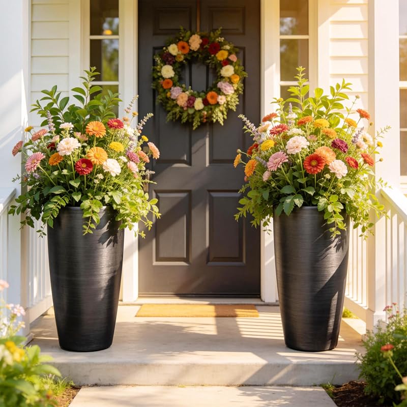 Autodaya 22.8" Tall Outdoor Planters Set of 2, Faux Brushed Steel Finish