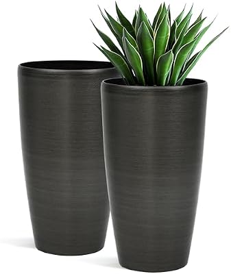 Autodaya 22.8" Tall Outdoor Planters Set of 2, Faux Brushed Steel Finish — view 3