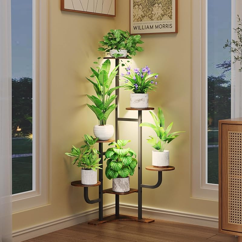 Homsorout Corner Plant Stand with Grow Light - 6 Tier Plant Stand Indoor Round Metal Plant Shelf with Adjusta…