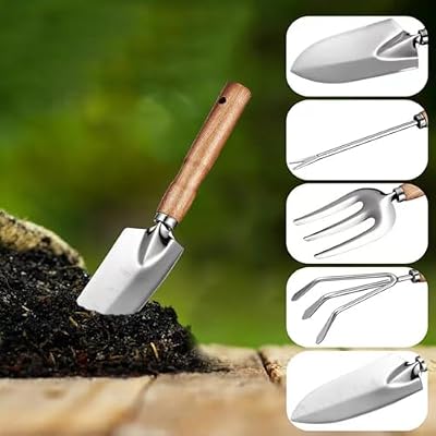 Garden Tool Set, 5 Piece Stainless Steel Gardening Tools with Wooden Handles Hand Tools with Transplanting Ha… — view 4