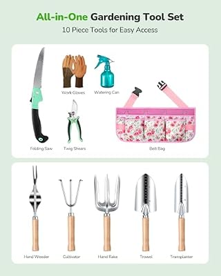 Grenebo Gardening Tools 10-Piece Garden Tool Set, Rust Resistant, Pink — view 3