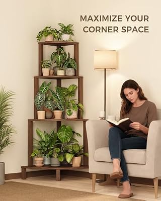 Bamworld Corner Plant Shelf 4-Tier Plant Stand Indoor Wood Plant Rack — view 3
