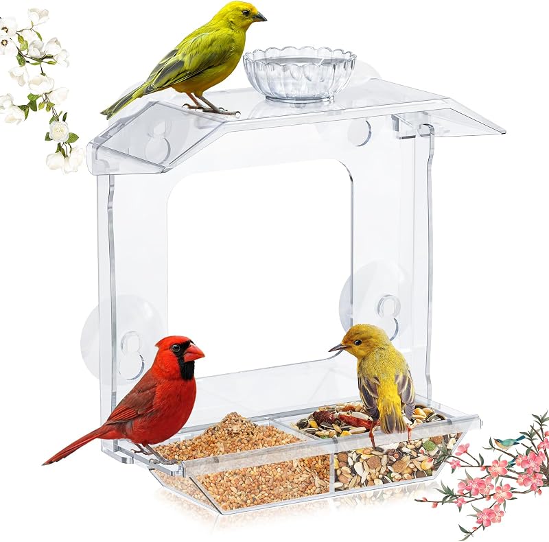 Clear Window Bird Feeder with Strong Suction Cups – Clear Bird Feeding Station with Dual Seed Tray & Water Bo…