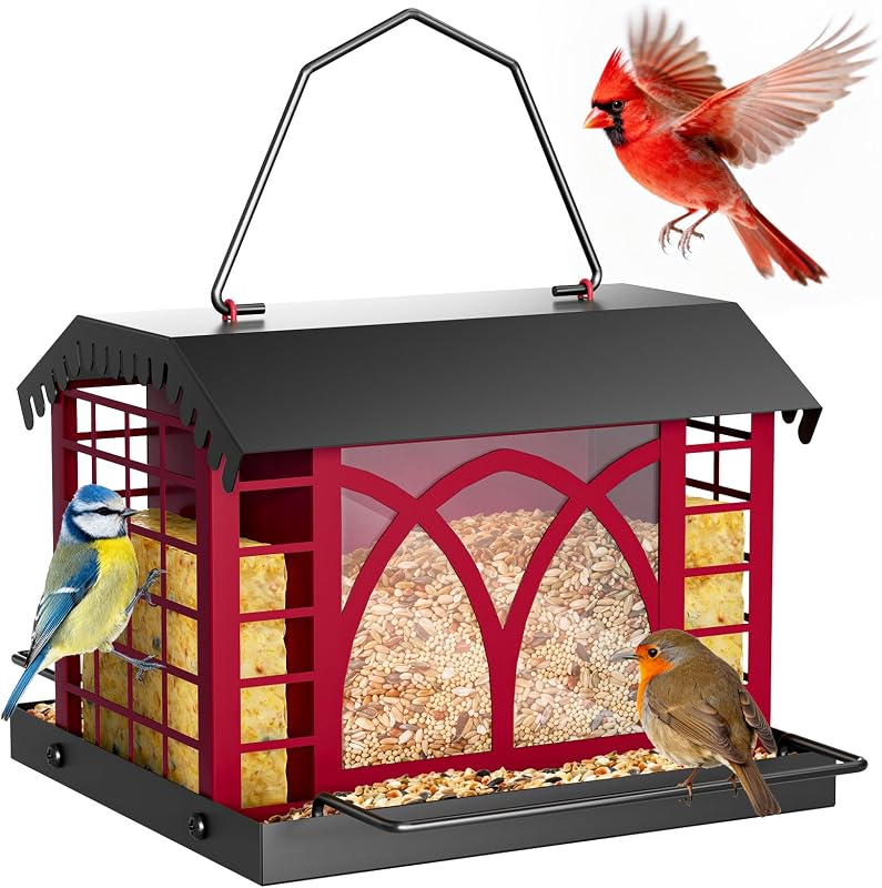 Bird Feeders for Outdoors Hanging, Metal Bird Feeder with Double Suet Cage Weatherproof Metal Roof, 3.5Lbs La…