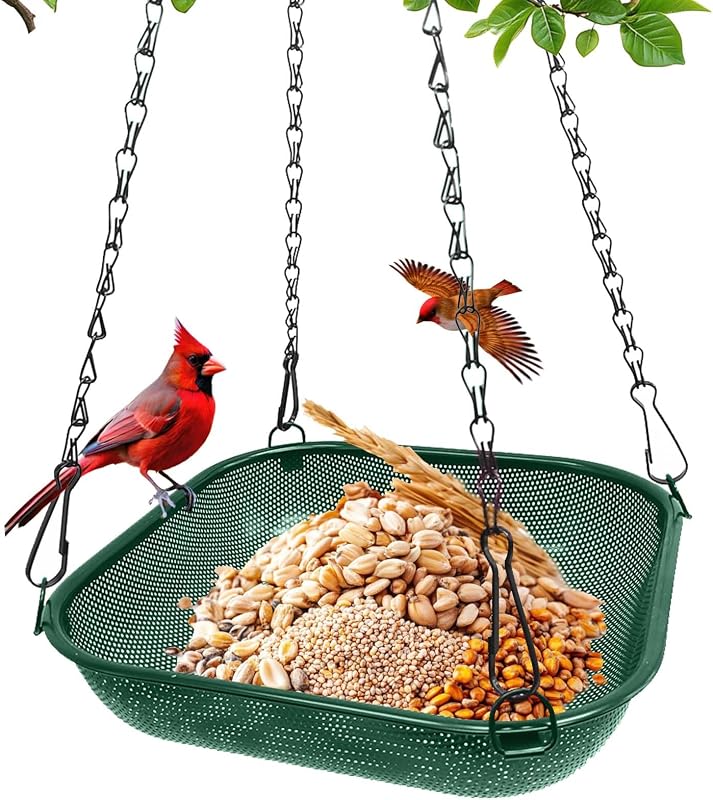 Hanging Platform Bird Feeder for Outdoors, 11 in Square Tray, Green