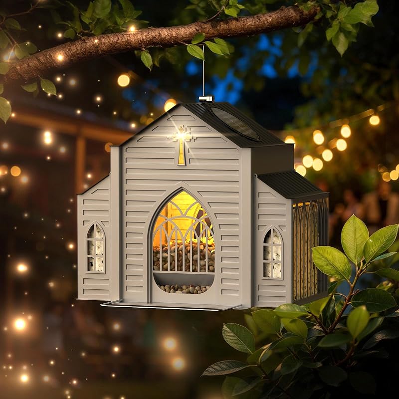 Church-Shaped Metal Bird Feeder with Solar Light - Hanging Outdoor Feeder, 5 LB Large Capacity & Bird Suet De…