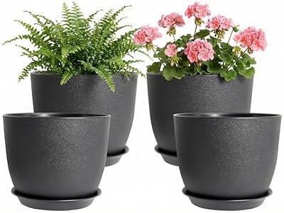 8 Inch Plant Pots Set of 4, Plastic Planters with Drainage Holes and Tray, Flower Pots for Indoor Outdoor Pla… — view 2