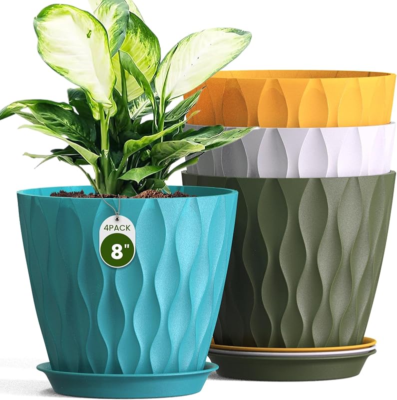 8 Inch Plant Pots 4 Pack Plastic Planters with Drainage & Saucers
