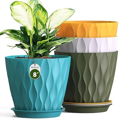 8 Inch Plant Pots 4 Pack Plastic Planters with Drainage & Saucers — view 2