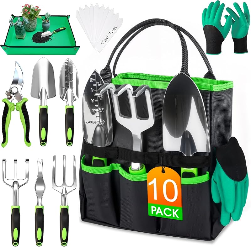 WOWBOX Garden Tools Set, 10 PCS Heavy Duty Gardening Hand Tools Kit, Green