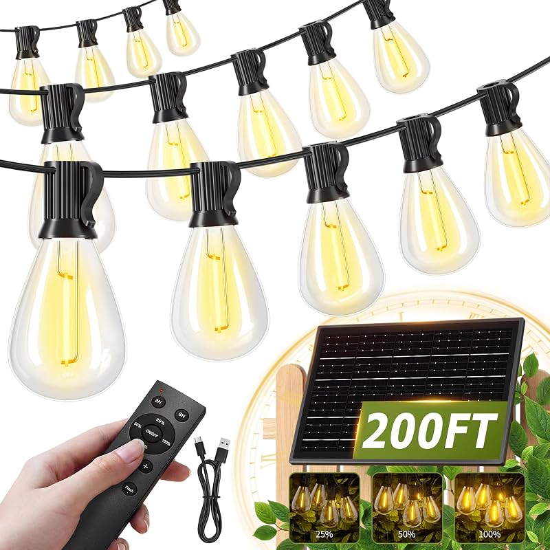 200FT Solar String Lights Outdoor Waterproof 72+2 LED Bulbs, Solar Powered with Remote & USB Port, 3 Light Mo…
