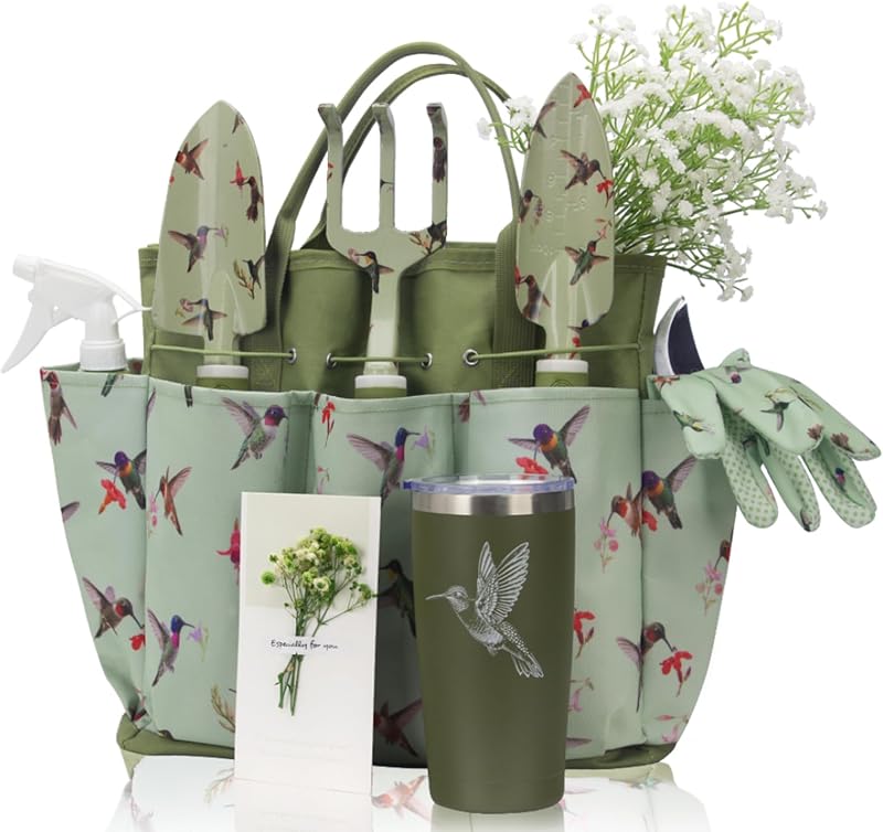 Garden Tool Set with Hummingbird Print, Heavy Duty Gardening Hand Tools with Garden Tool Bag,Gardening Gifts…