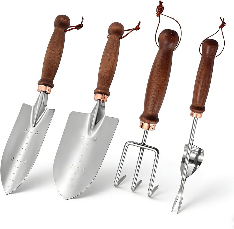 Garden Tools, 4 Pack Garden Shovel with Wooden Handles Hand Tools with Transplanting Hand Shovel, Rake and Ro…
