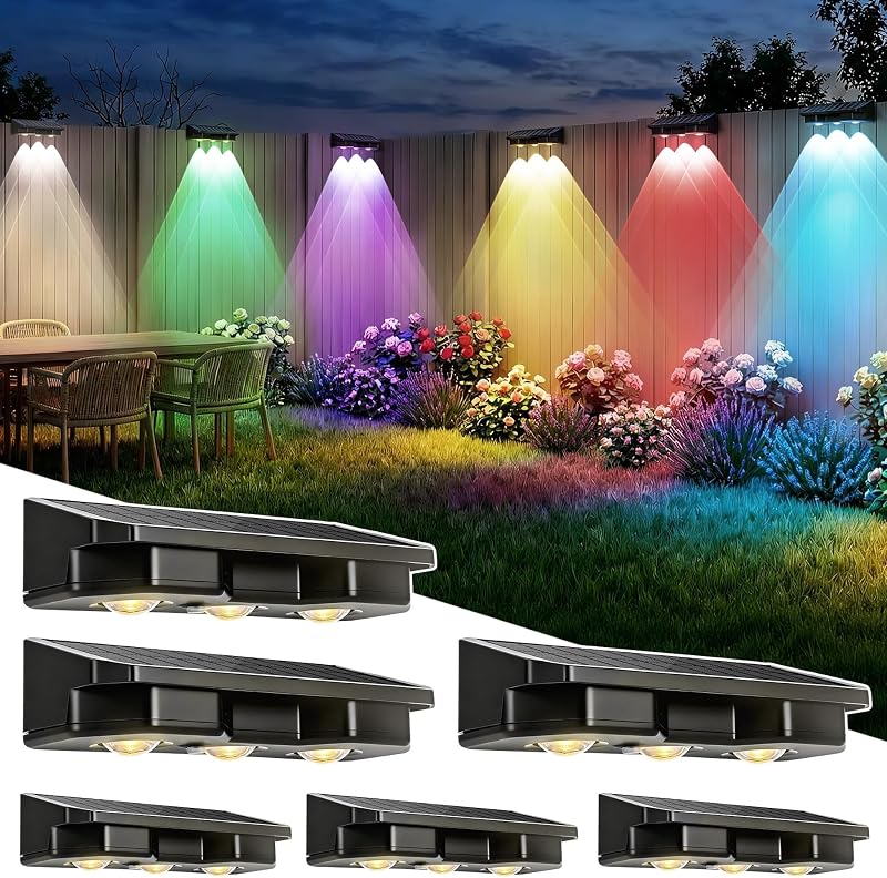 Solar Fence Lights Outdoor 6 Pack, Warm White & 8 Colors & RGB, IP65 Waterproof LED Deck Light, Dusk to Dawn…
