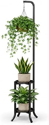 Bamworld 2 Tier Hanging Plant Stand Tall Modern Planter Holder Blk — view 2