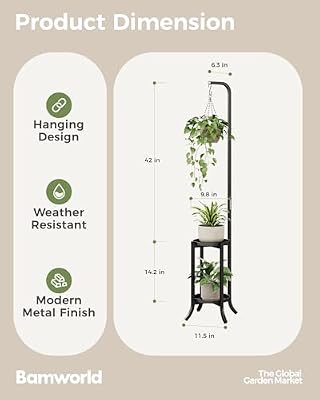 Bamworld 2 Tier Hanging Plant Stand Tall Modern Planter Holder Blk — view 3