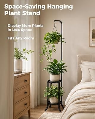 Bamworld 2 Tier Hanging Plant Stand Tall Modern Planter Holder Blk — view 4