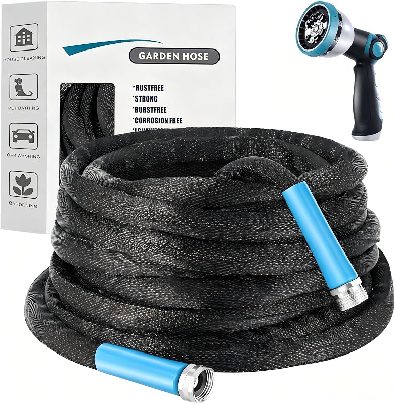 50FT Black Garden Hose, Lightweight No Kink Water Hose with 10 Function Spray Nozzle, 3/4 Inch Rust-Proof Alu…