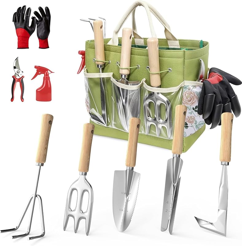Garden Tools Set, 9-Piece Heavy Duty Gardening Tools with Clear Pocket Tote Bag, Stainless Steel Garden Hand…