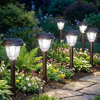 DERAYSION 8 Pack Solar Lights Outdoor Pathway, Stainless Steel Glass Solar Garden Lights, Auto On/Off Long-La… — view 2