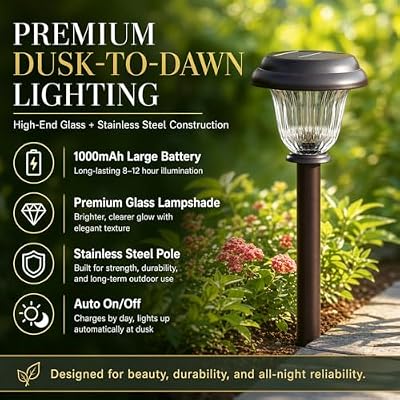 DERAYSION 8 Pack Solar Lights Outdoor Pathway, Stainless Steel Glass Solar Garden Lights, Auto On/Off Long-La… — view 3