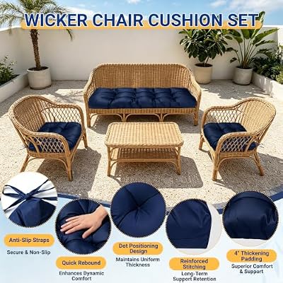 Outdoor Wicker Chair Cushions Set of 3, Waterproof Patio Furniture Cushions with Ties,1 Loveseat + 2 U-Shaped… — view 4