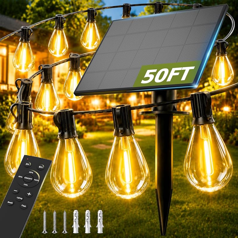 50FT Solar String Lights Outdoor, Dimmable Patio Lights Solar Powered with Remote & USB Port 18+1 LED Shatter…