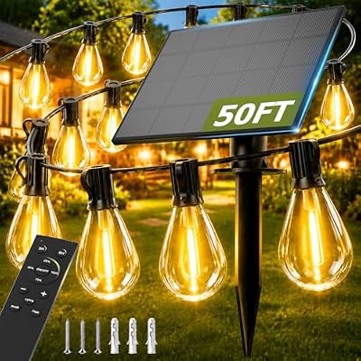 50FT Solar String Lights Outdoor, Dimmable Patio Lights Solar Powered with Remote & USB Port 18+1 LED Shatter… — view 2